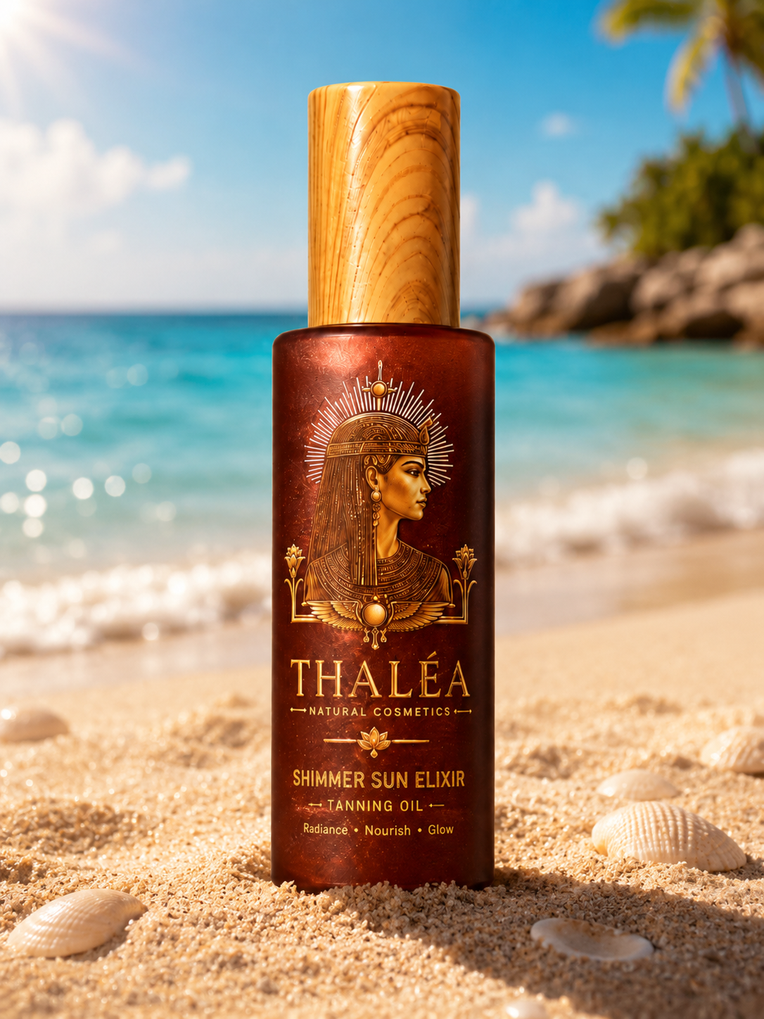 Thaléa Shimmer Sun Elixir red bottle on the beach